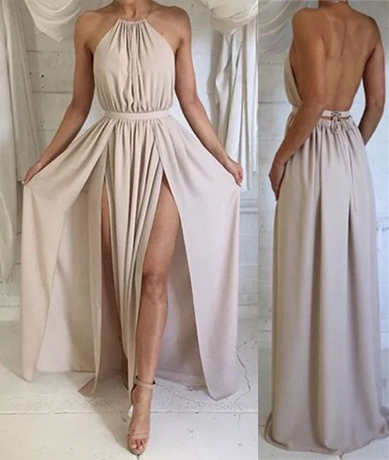 A Line High Neck Backless Chiffon Long Prom Dresses, Long Formal Dresses, Backless Bridesmaid Dresses