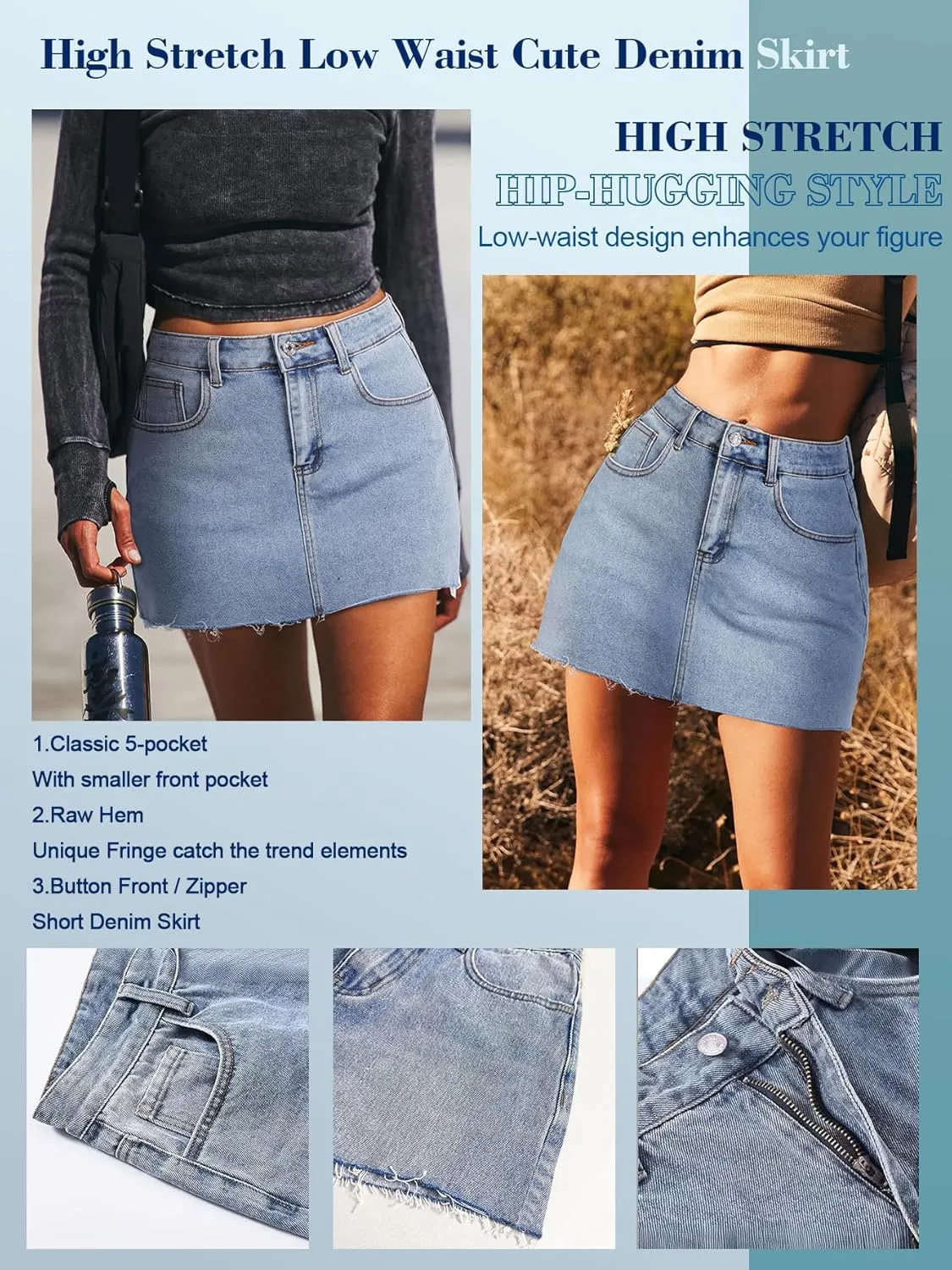 AIMILIA Women's Denim Jean Skirt Casual Button Stretchy Mini Raw Hem Straight Zip Fly Mid Rise Pencil Skirts