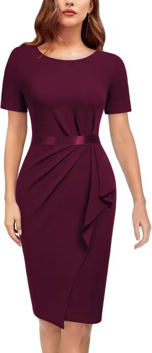 AISIZE Women's Retro Crew Neck Ruffle Ruched Flattering Business Sheath Dress