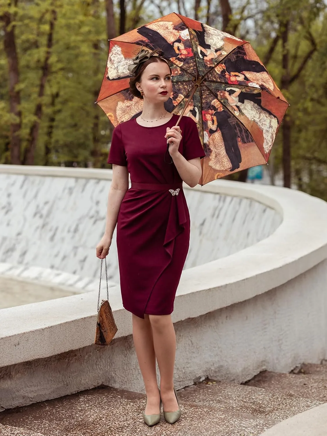 AISIZE Women's Retro Crew Neck Ruffle Ruched Flattering Business Sheath Dress