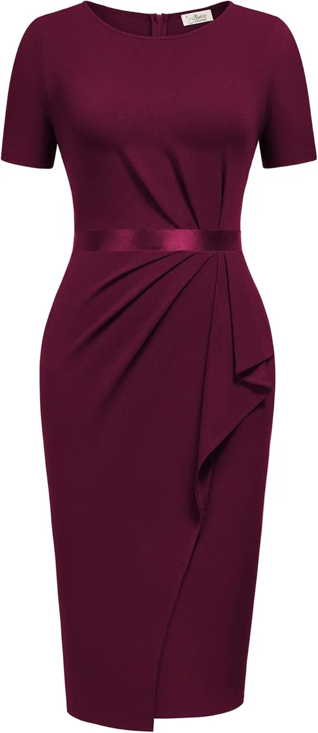 AISIZE Women's Retro Crew Neck Ruffle Ruched Flattering Business Sheath Dress