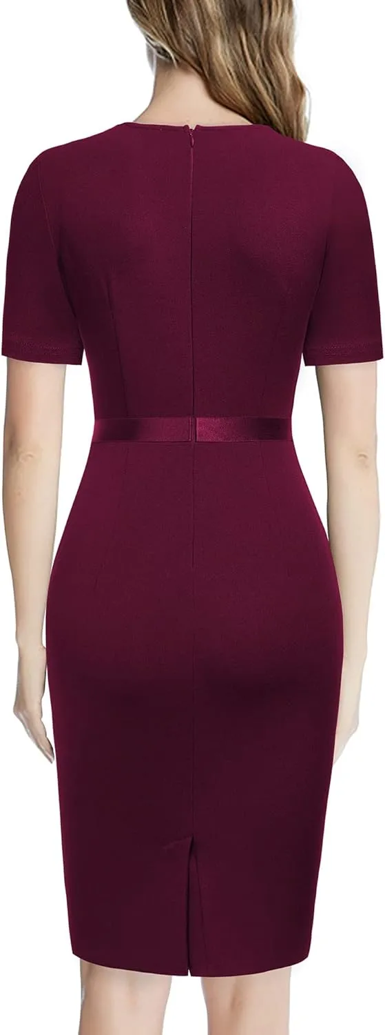 AISIZE Women's Retro Crew Neck Ruffle Ruched Flattering Business Sheath Dress