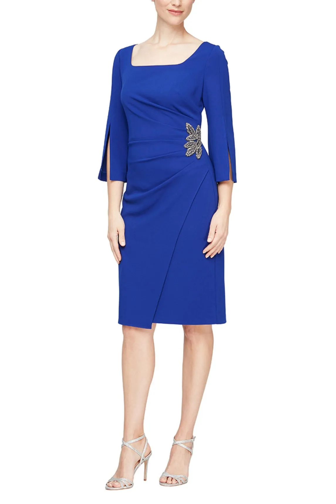 Alex Evenings 3/4 Split Sleeve Square Neck Beaded Hip Scuba Crepe Sheath Dress