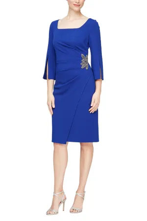 Alex Evenings 3/4 Split Sleeve Square Neck Beaded Hip Scuba Crepe Sheath Dress