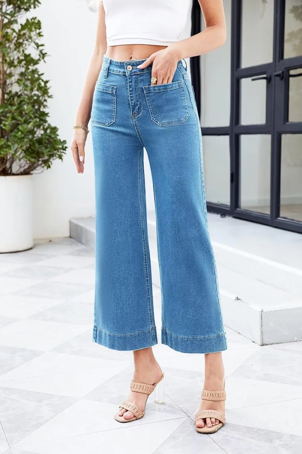 Allimy Women's High Waisted Cropped Wide Leg Jeans Stretchy Loose Denim Pants with Front Patch Pockets