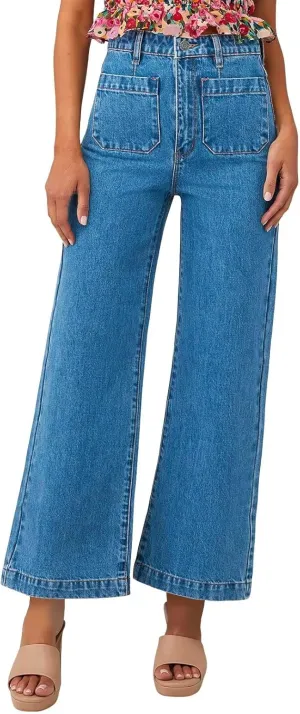 Allimy Women's High Waisted Cropped Wide Leg Jeans Stretchy Loose Denim Pants with Front Patch Pockets