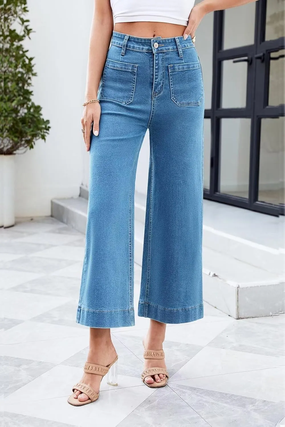 Allimy Women's High Waisted Cropped Wide Leg Jeans Stretchy Loose Denim Pants with Front Patch Pockets