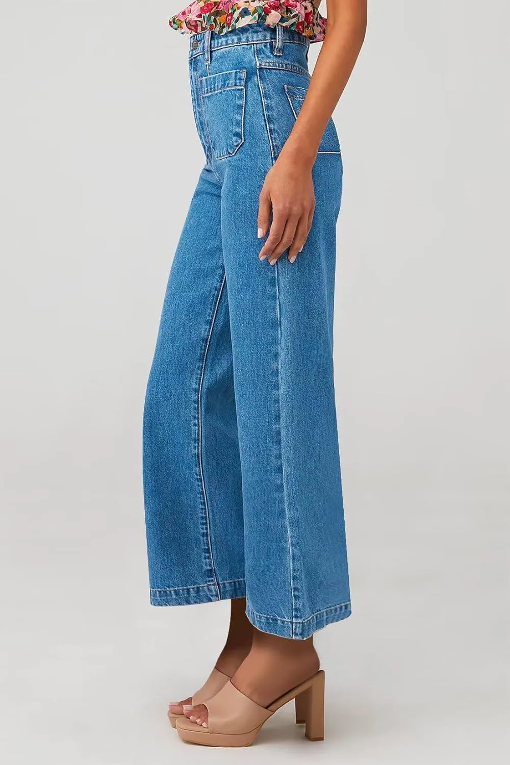 Allimy Women's High Waisted Cropped Wide Leg Jeans Stretchy Loose Denim Pants with Front Patch Pockets