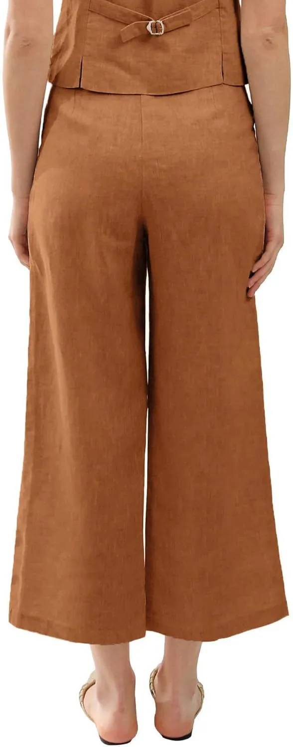 Amazhiyu Women's Linen Ankle Pants Pleated Front Wide Leg Straight Cropped Trouser