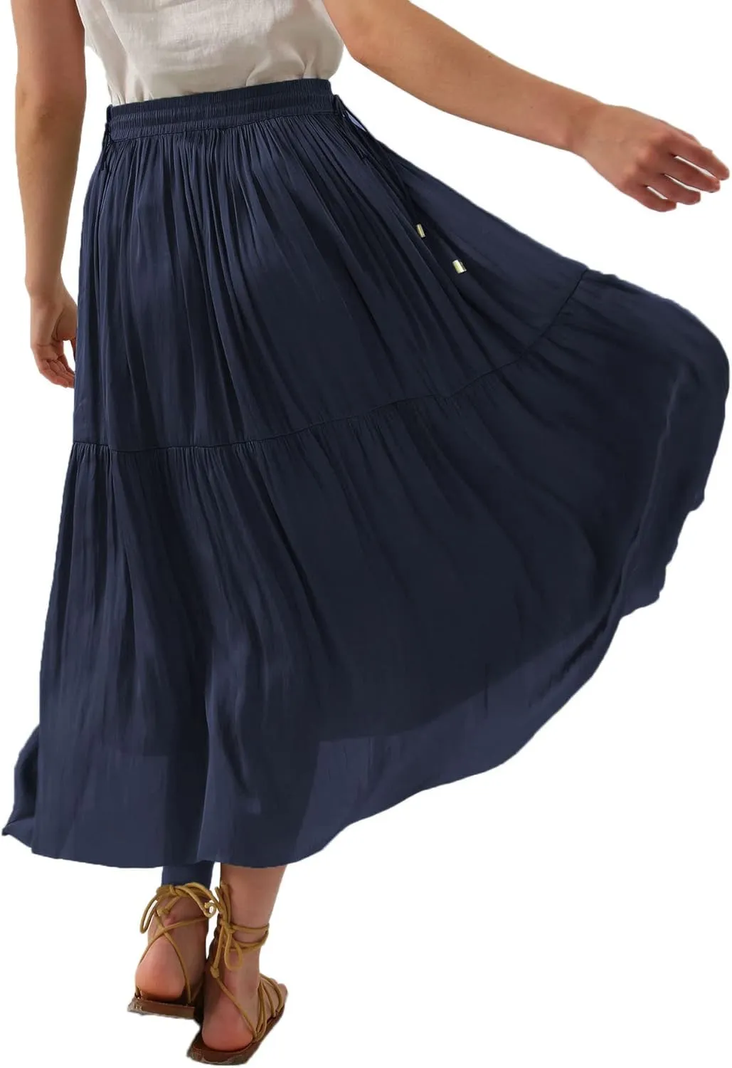 Amazhiyu Womens Pleated A Line High Waist Midi Skirt with Drawstring Elastic Waistband