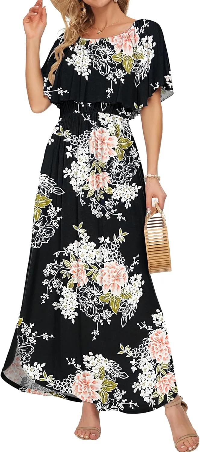 AUSELILY Womens Off The Shoulder Dress Summer Casual Long Ruffle Party Side Split Beach Maxi Dresses with Pockets