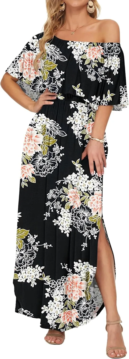 AUSELILY Womens Off The Shoulder Dress Summer Casual Long Ruffle Party Side Split Beach Maxi Dresses with Pockets