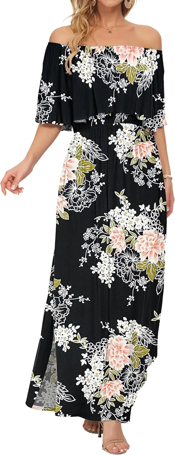 AUSELILY Womens Off The Shoulder Dress Summer Casual Long Ruffle Party Side Split Beach Maxi Dresses with Pockets