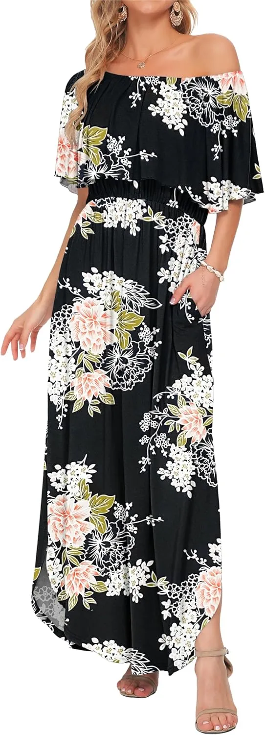 AUSELILY Womens Off The Shoulder Dress Summer Casual Long Ruffle Party Side Split Beach Maxi Dresses with Pockets