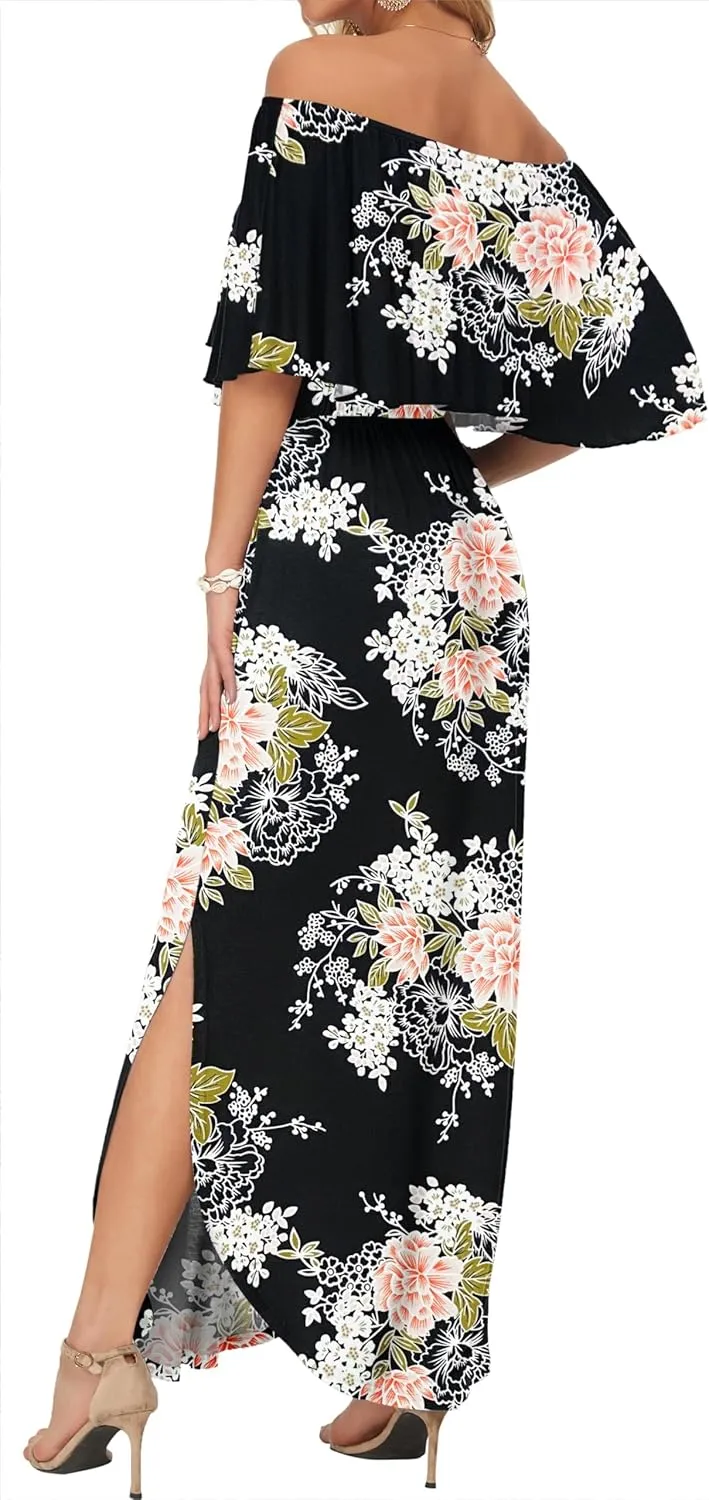 AUSELILY Womens Off The Shoulder Dress Summer Casual Long Ruffle Party Side Split Beach Maxi Dresses with Pockets