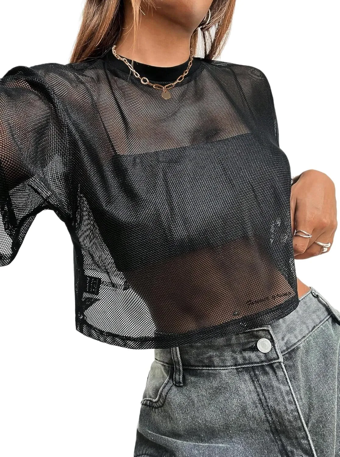 Avanova Women Sexy Sheer Mesh Crop Top See Through Oversized Short Sleeves Boxy Tee Shirt