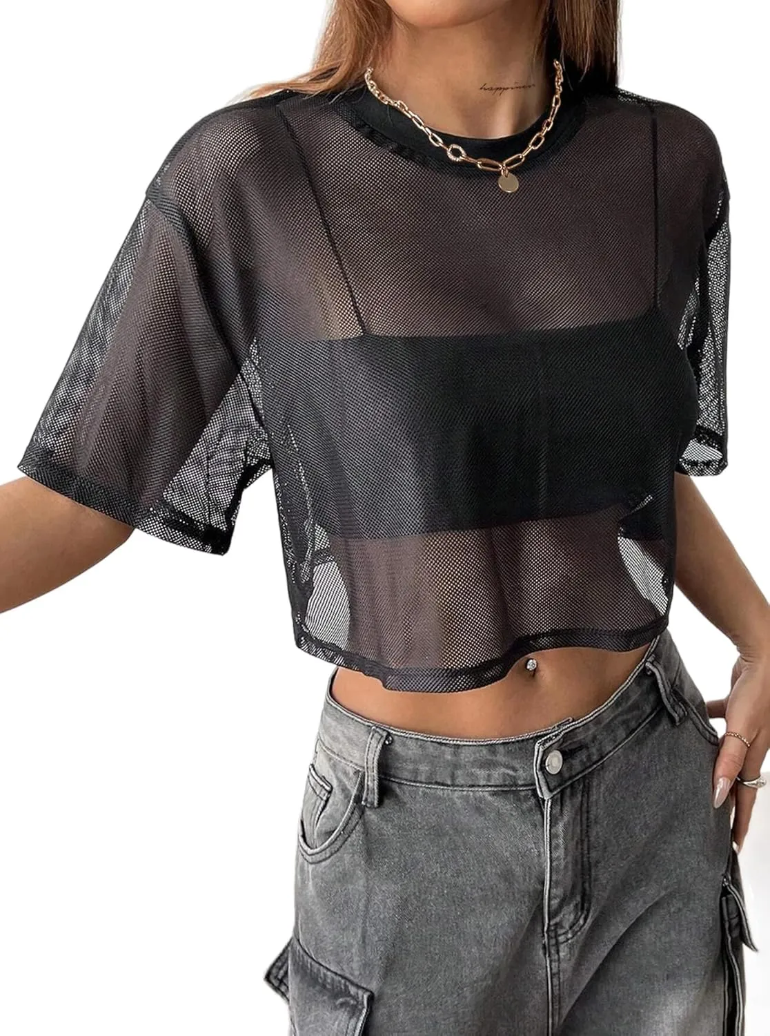 Avanova Women Sexy Sheer Mesh Crop Top See Through Oversized Short Sleeves Boxy Tee Shirt