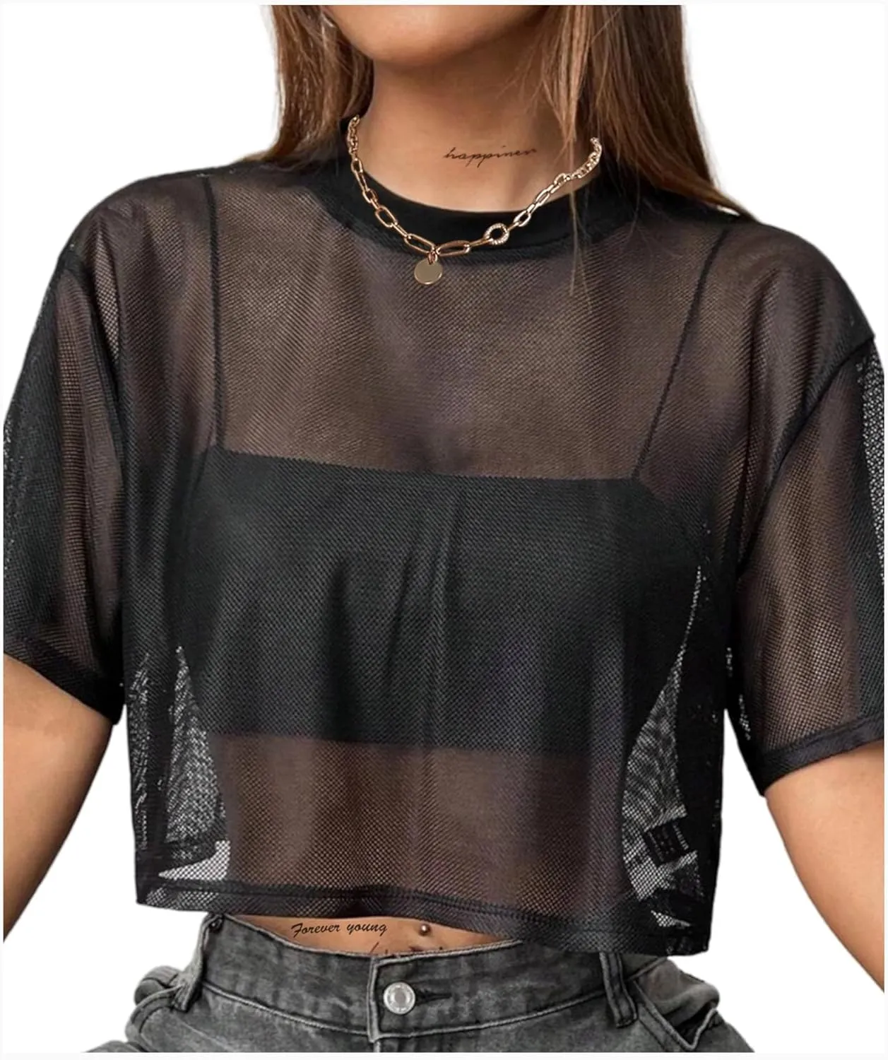 Avanova Women Sexy Sheer Mesh Crop Top See Through Oversized Short Sleeves Boxy Tee Shirt