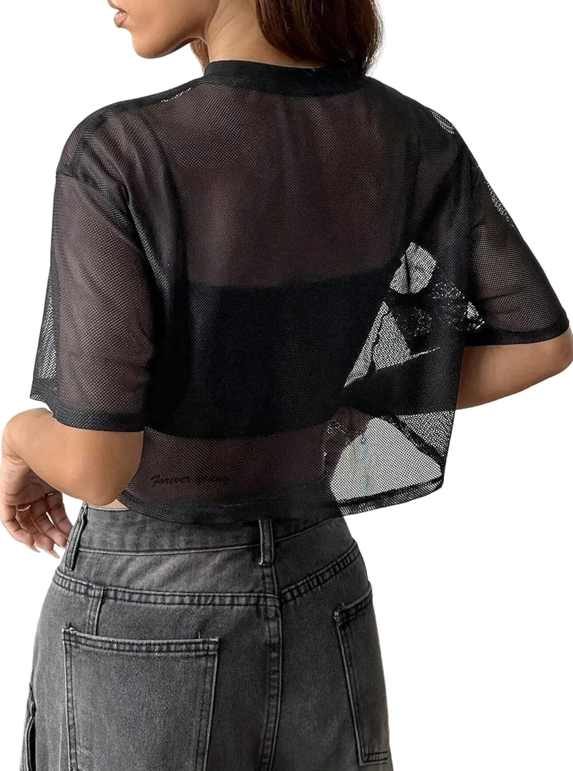 Avanova Women Sexy Sheer Mesh Crop Top See Through Oversized Short Sleeves Boxy Tee Shirt