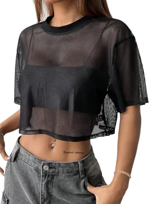 Avanova Women Sexy Sheer Mesh Crop Top See Through Oversized Short Sleeves Boxy Tee Shirt