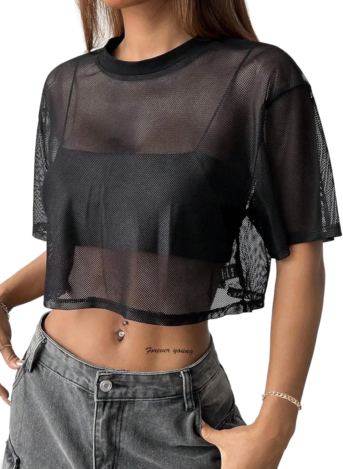 Avanova Women Sexy Sheer Mesh Crop Top See Through Oversized Short Sleeves Boxy Tee Shirt
