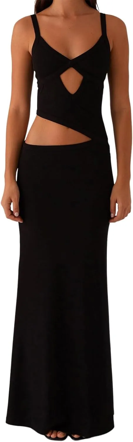 Bodycon Maxi Dress Women Sexy Sleeveless Cutout Low V Neck Spaghetti Strap Backless Solid Hollow Out Long Dresses