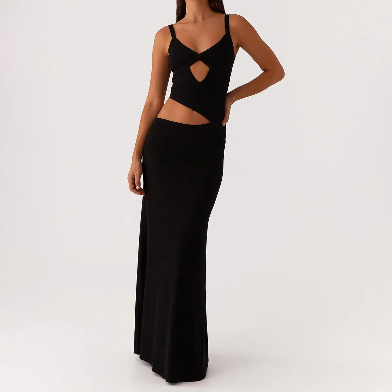 Bodycon Maxi Dress Women Sexy Sleeveless Cutout Low V Neck Spaghetti Strap Backless Solid Hollow Out Long Dresses