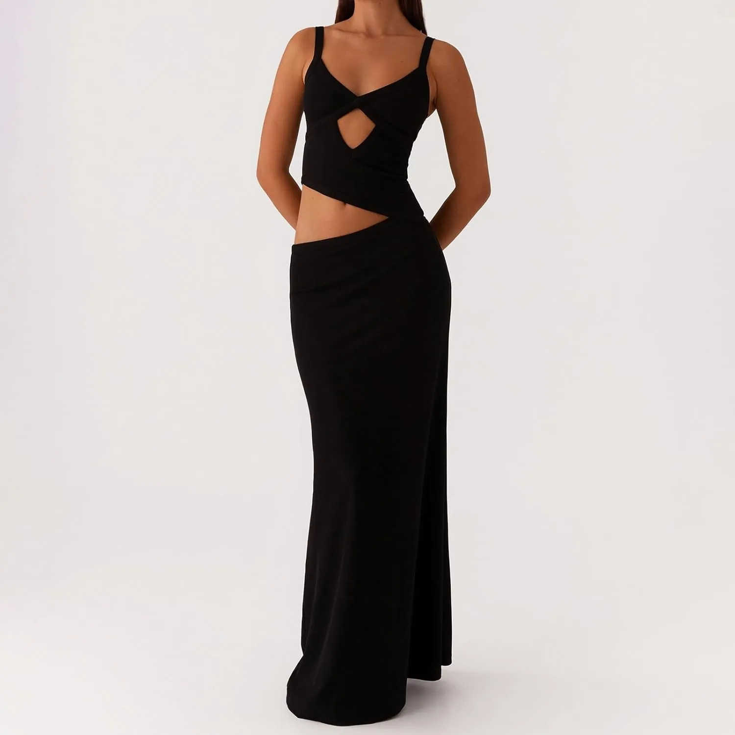Bodycon Maxi Dress Women Sexy Sleeveless Cutout Low V Neck Spaghetti Strap Backless Solid Hollow Out Long Dresses