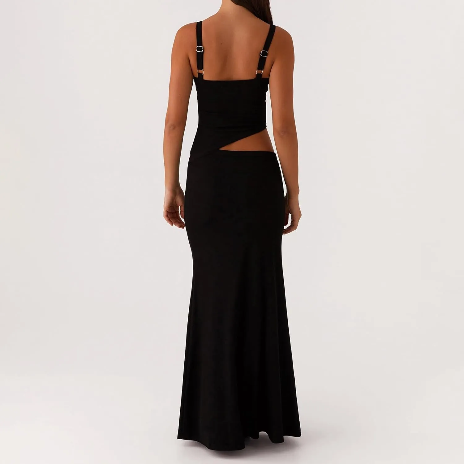 Bodycon Maxi Dress Women Sexy Sleeveless Cutout Low V Neck Spaghetti Strap Backless Solid Hollow Out Long Dresses