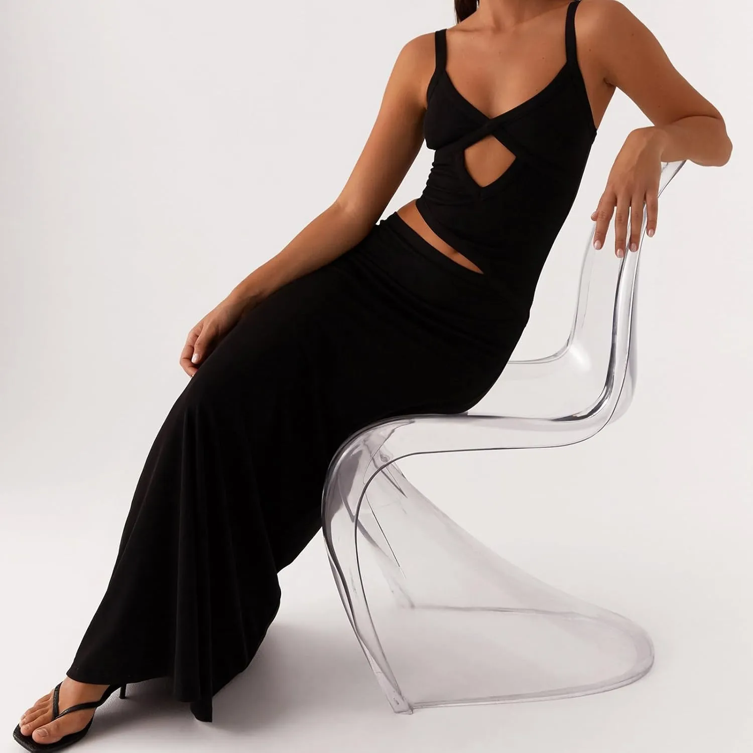 Bodycon Maxi Dress Women Sexy Sleeveless Cutout Low V Neck Spaghetti Strap Backless Solid Hollow Out Long Dresses