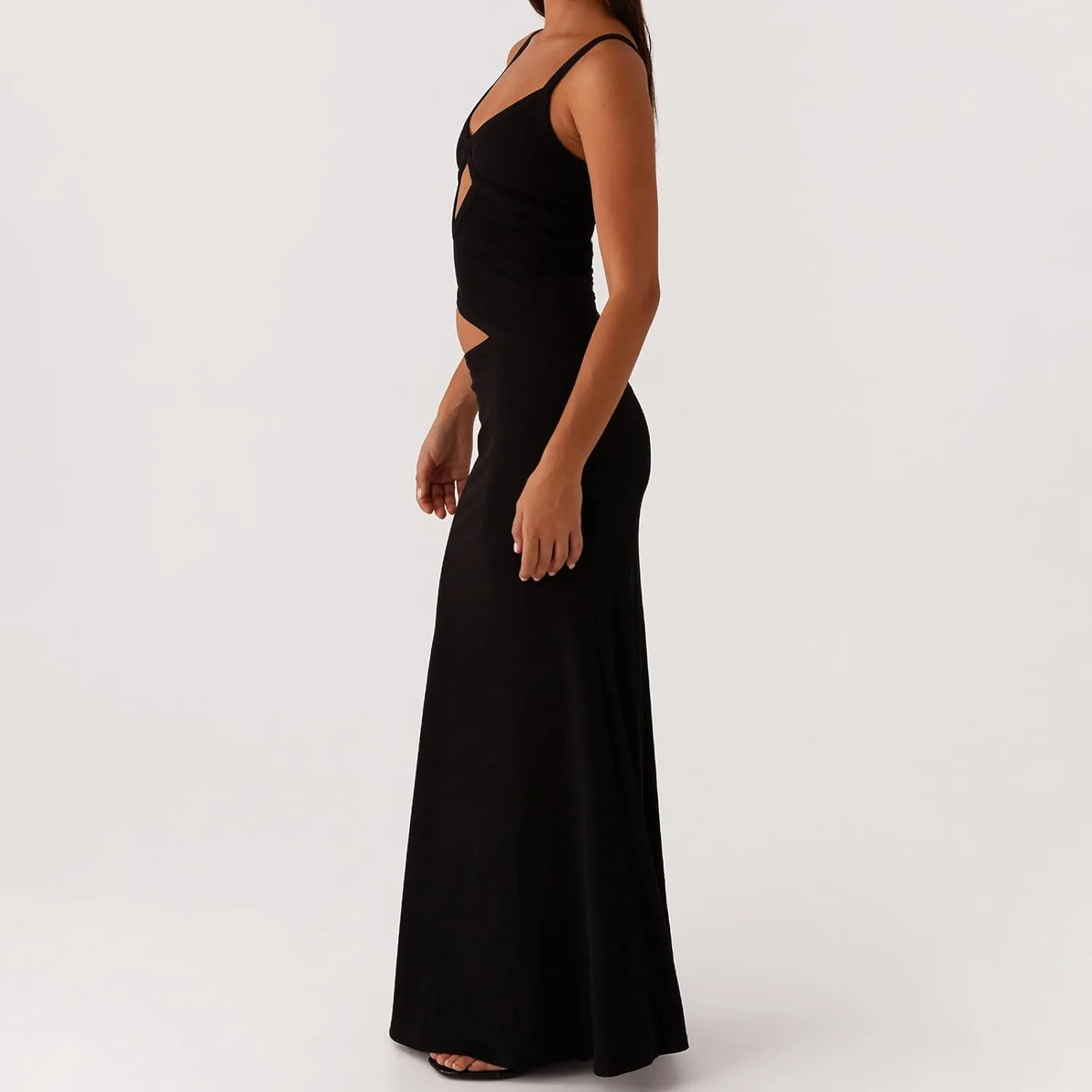 Bodycon Maxi Dress Women Sexy Sleeveless Cutout Low V Neck Spaghetti Strap Backless Solid Hollow Out Long Dresses