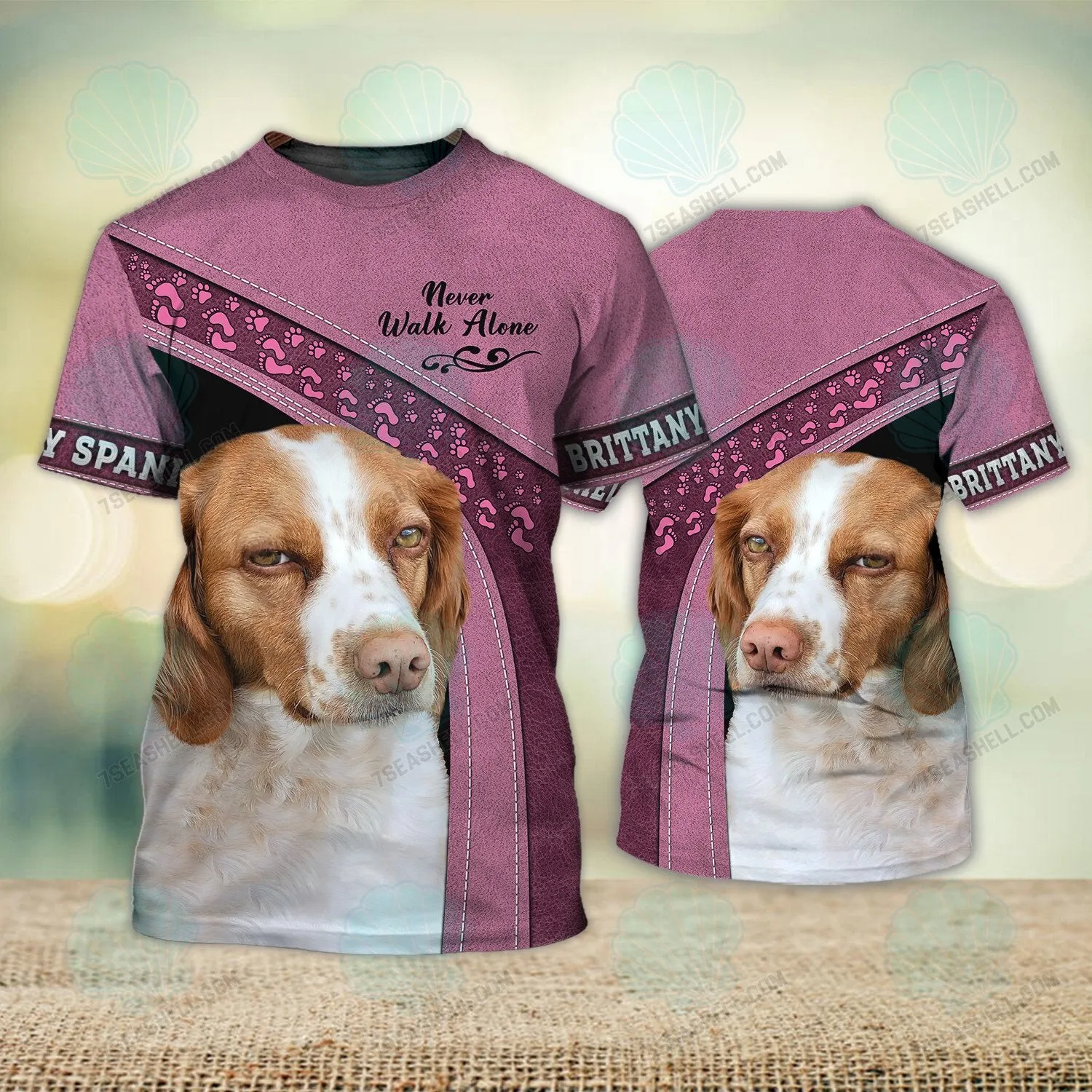 Brittany Spaniel Pink Never Walk Alone 3D Full Print Shirts, Dog Memorial Gifts for loss of Dog, Christmas Shirt for Dog Lovers