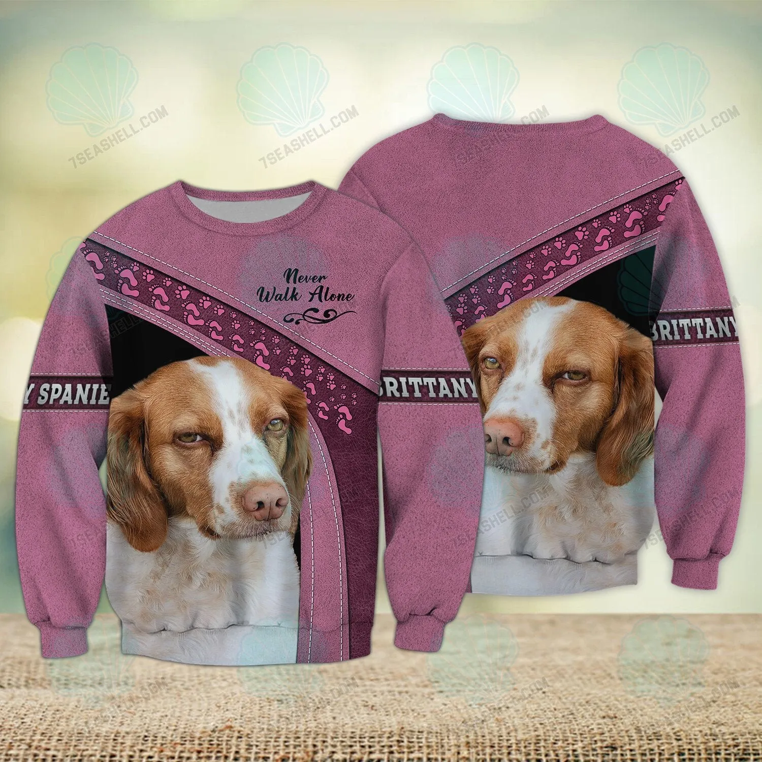 Brittany Spaniel Pink Never Walk Alone 3D Full Print Shirts, Dog Memorial Gifts for loss of Dog, Christmas Shirt for Dog Lovers
