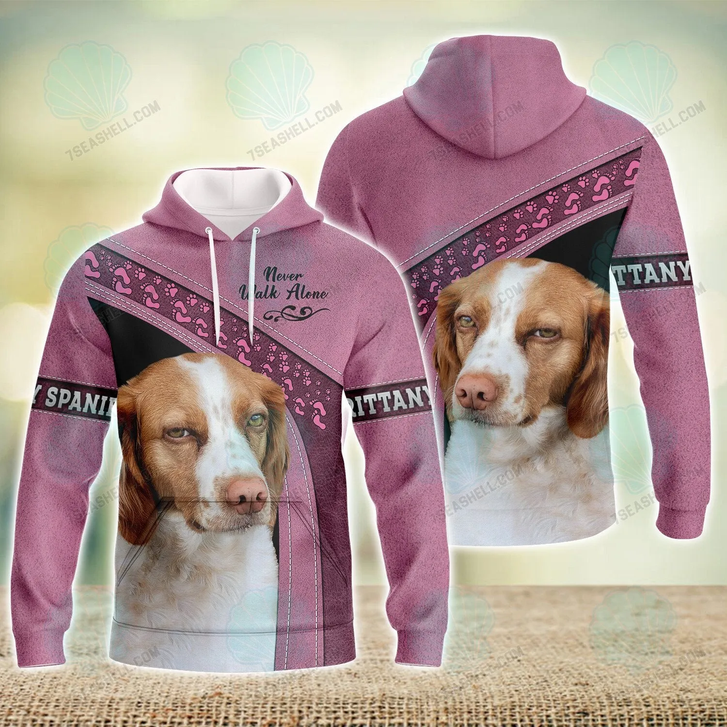 Brittany Spaniel Pink Never Walk Alone 3D Full Print Shirts, Dog Memorial Gifts for loss of Dog, Christmas Shirt for Dog Lovers