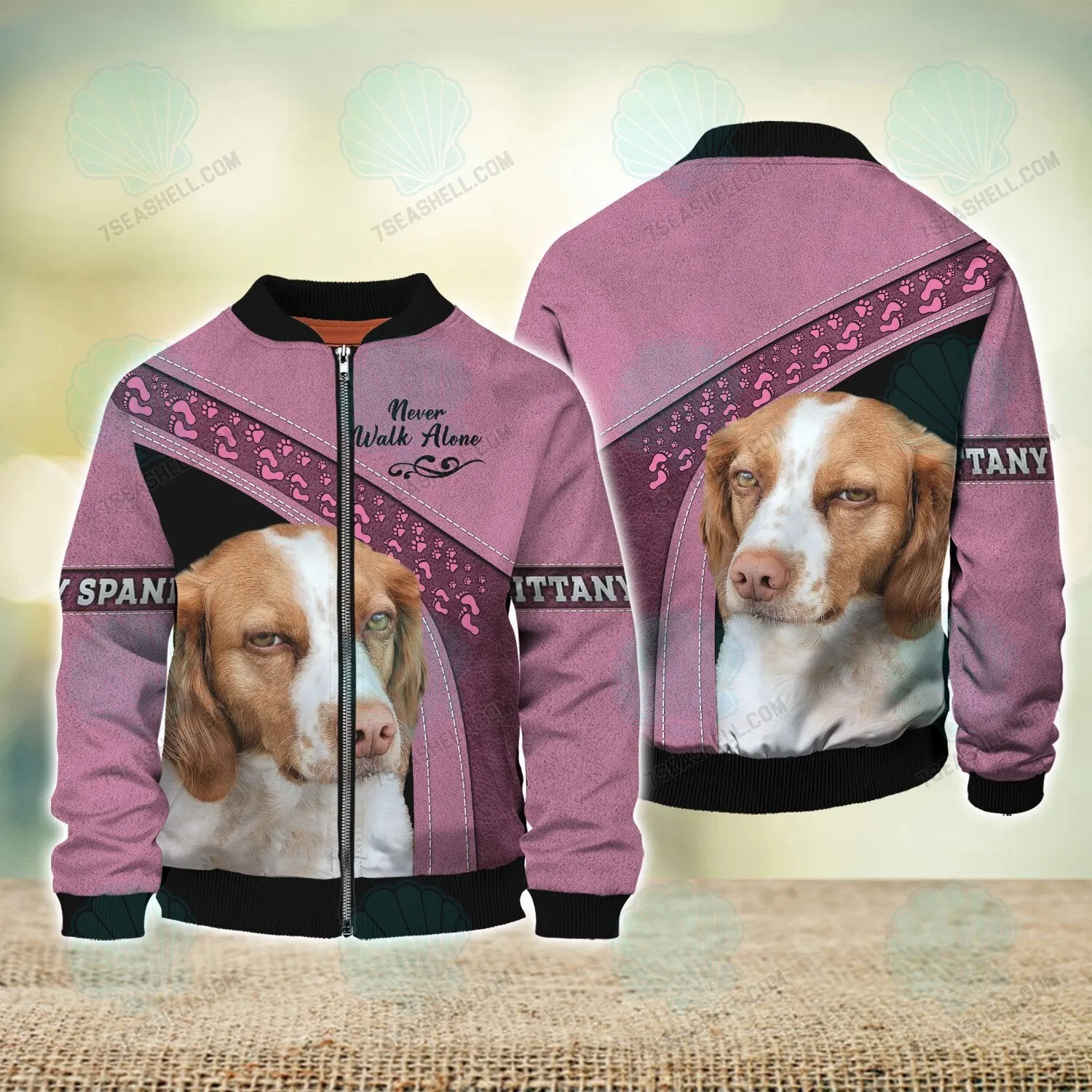Brittany Spaniel Pink Never Walk Alone 3D Full Print Shirts, Dog Memorial Gifts for loss of Dog, Christmas Shirt for Dog Lovers