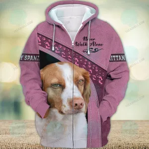 Brittany Spaniel Pink Never Walk Alone 3D Full Print Shirts, Dog Memorial Gifts for loss of Dog, Christmas Shirt for Dog Lovers