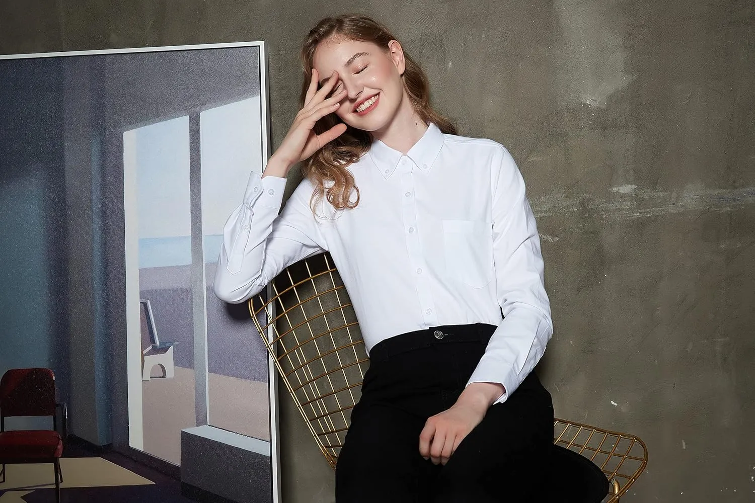 Button Up Shirt Women Long Sleeve Oxford Shirt Classic-Fit Cotton Work Blouse Wrinkle Resistant