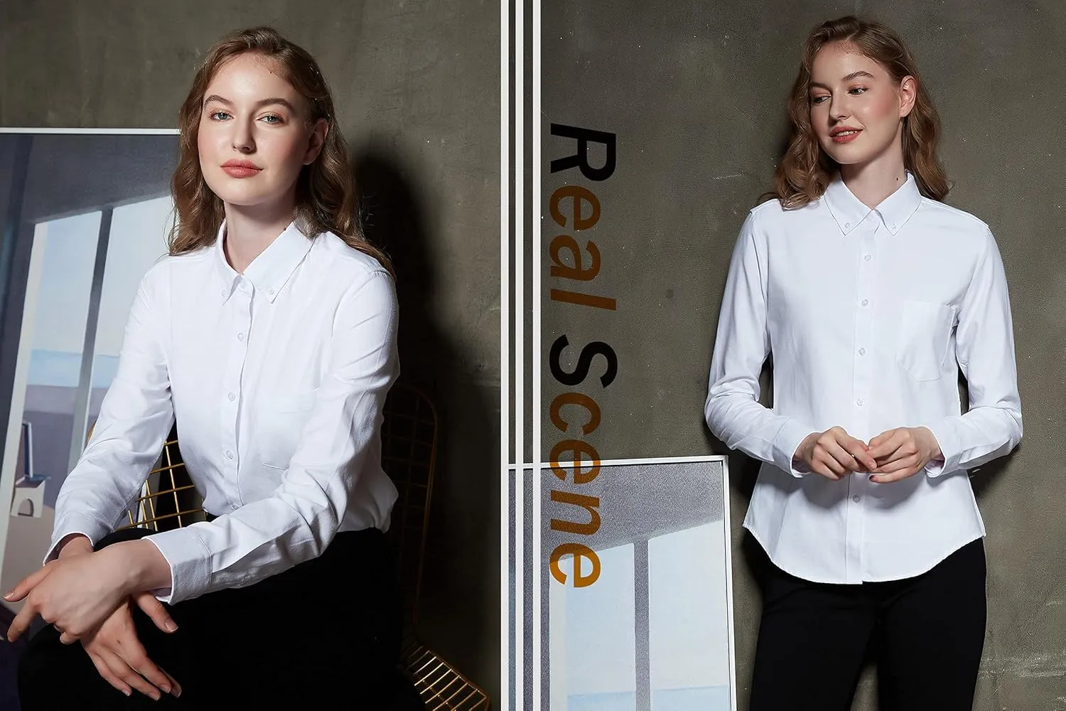 Button Up Shirt Women Long Sleeve Oxford Shirt Classic-Fit Cotton Work Blouse Wrinkle Resistant