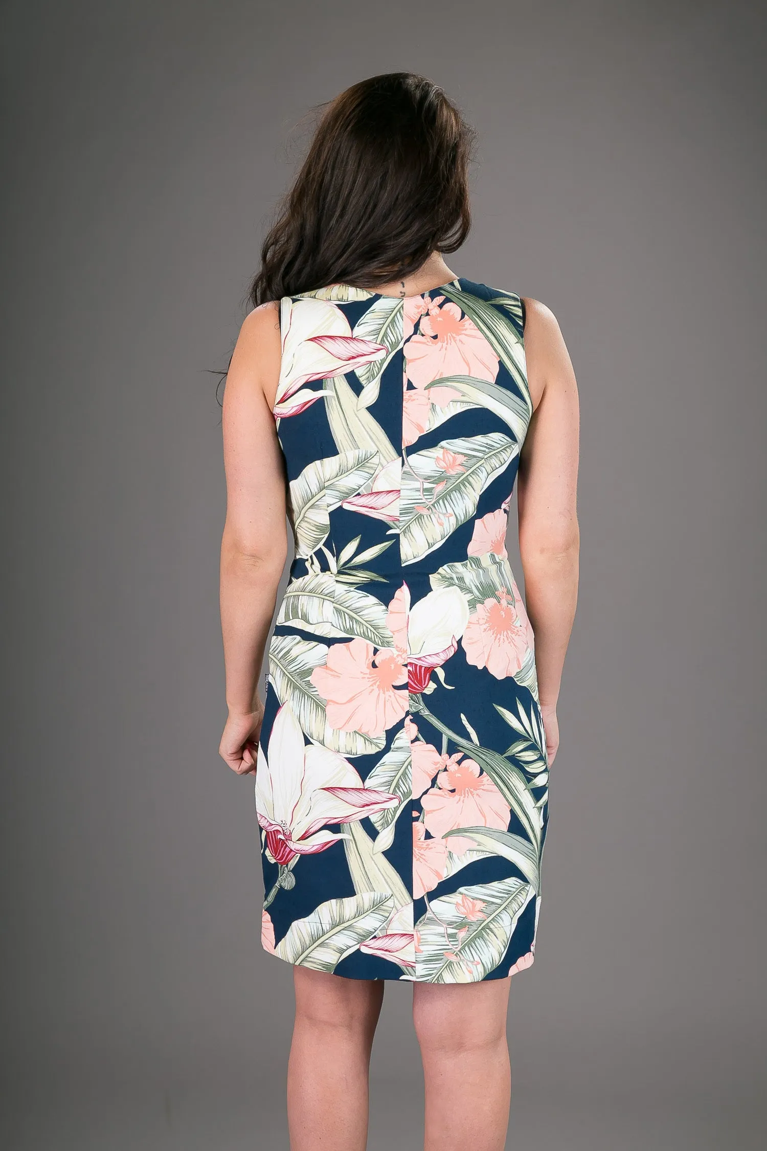 Classic Sheath Cotton Dress Blue Pink Floral Print
