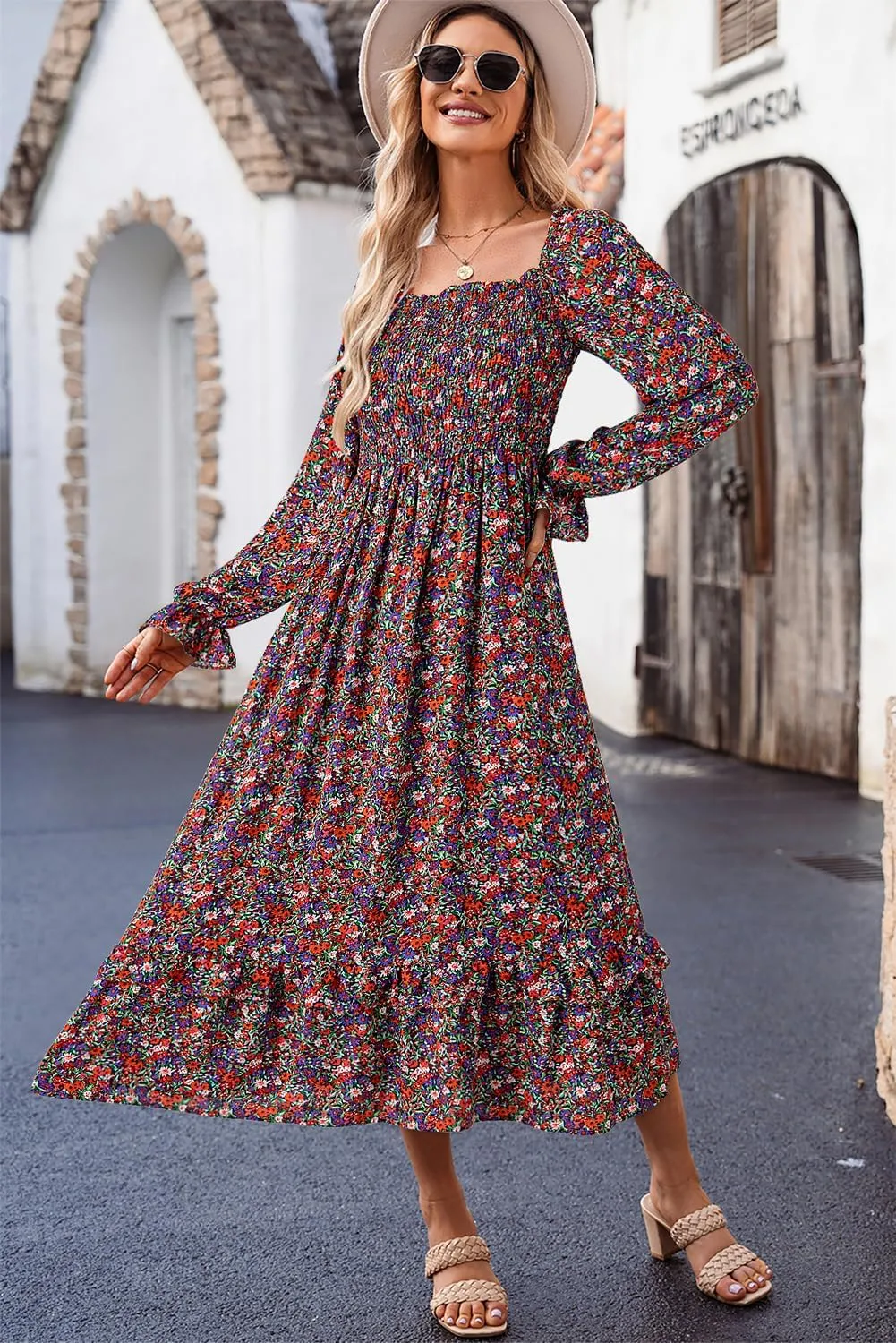Dokotoo Spring Dresses for Women Casual Floral Square Neck Long Sleeve Smocked Elastic Waist Tiered Ruffle Hem Maxi Dress