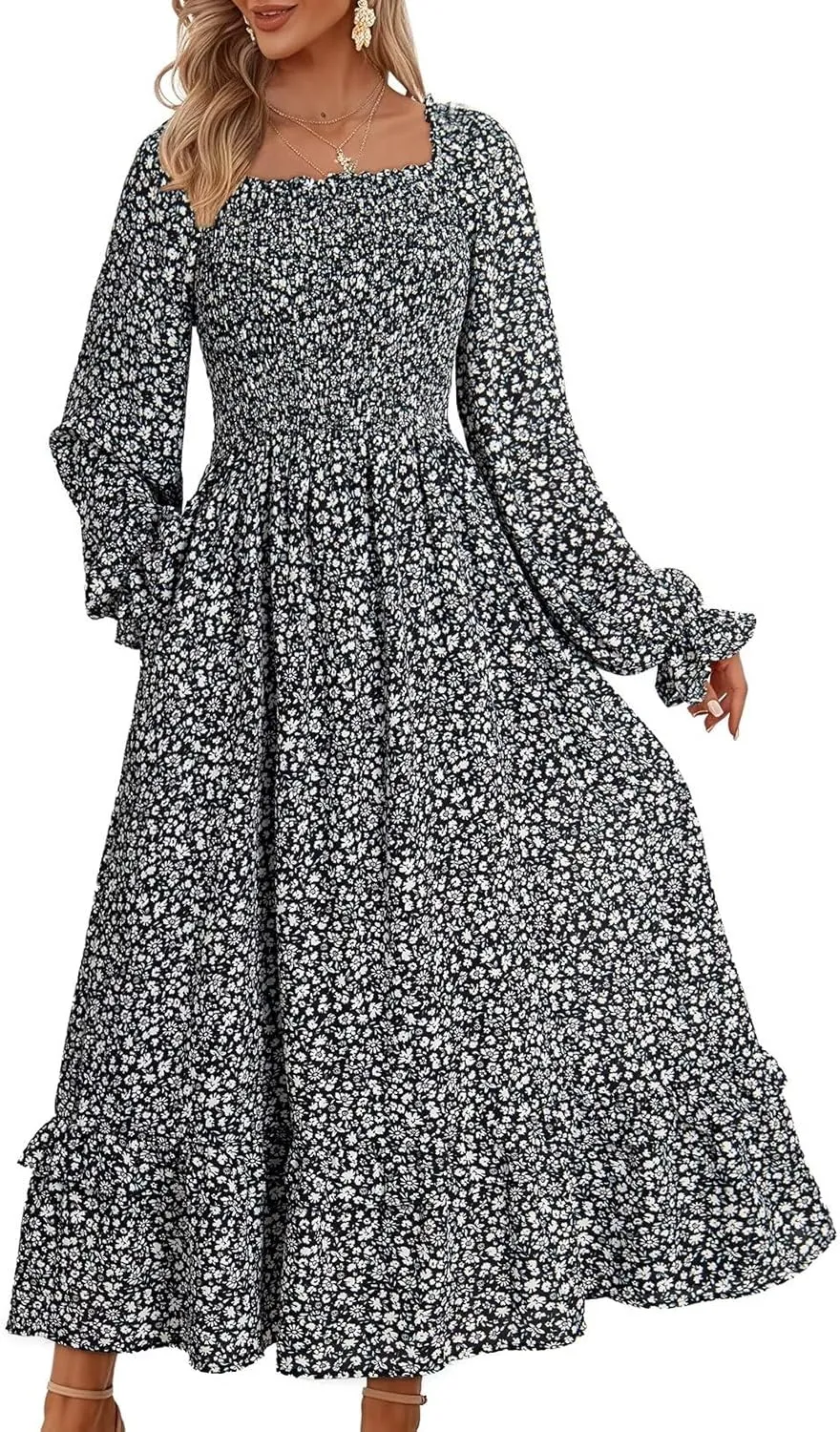 Dokotoo Spring Dresses for Women Casual Floral Square Neck Long Sleeve Smocked Elastic Waist Tiered Ruffle Hem Maxi Dress