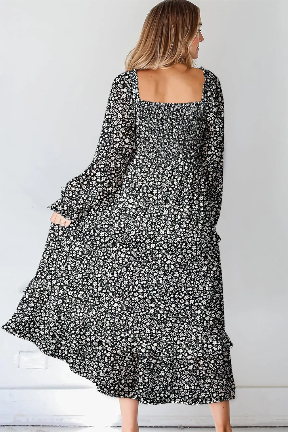 Dokotoo Spring Dresses for Women Casual Floral Square Neck Long Sleeve Smocked Elastic Waist Tiered Ruffle Hem Maxi Dress