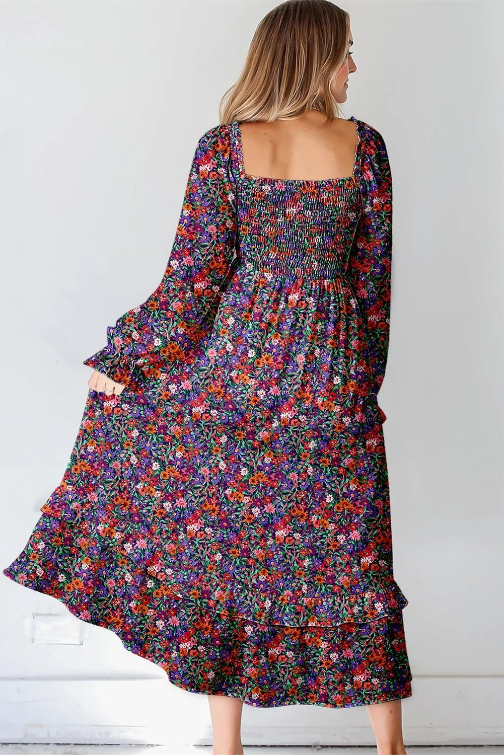 Dokotoo Spring Dresses for Women Casual Floral Square Neck Long Sleeve Smocked Elastic Waist Tiered Ruffle Hem Maxi Dress