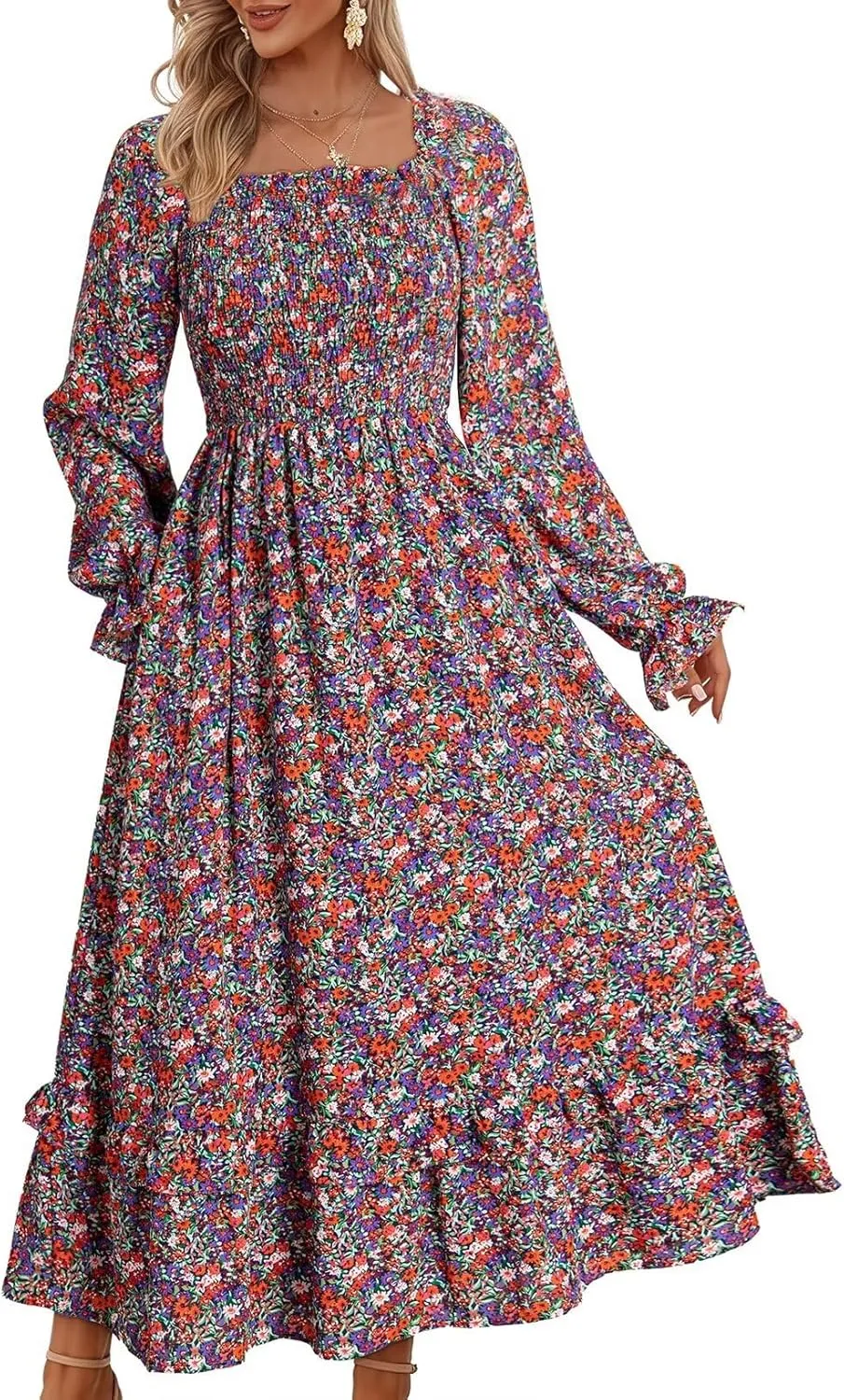 Dokotoo Spring Dresses for Women Casual Floral Square Neck Long Sleeve Smocked Elastic Waist Tiered Ruffle Hem Maxi Dress