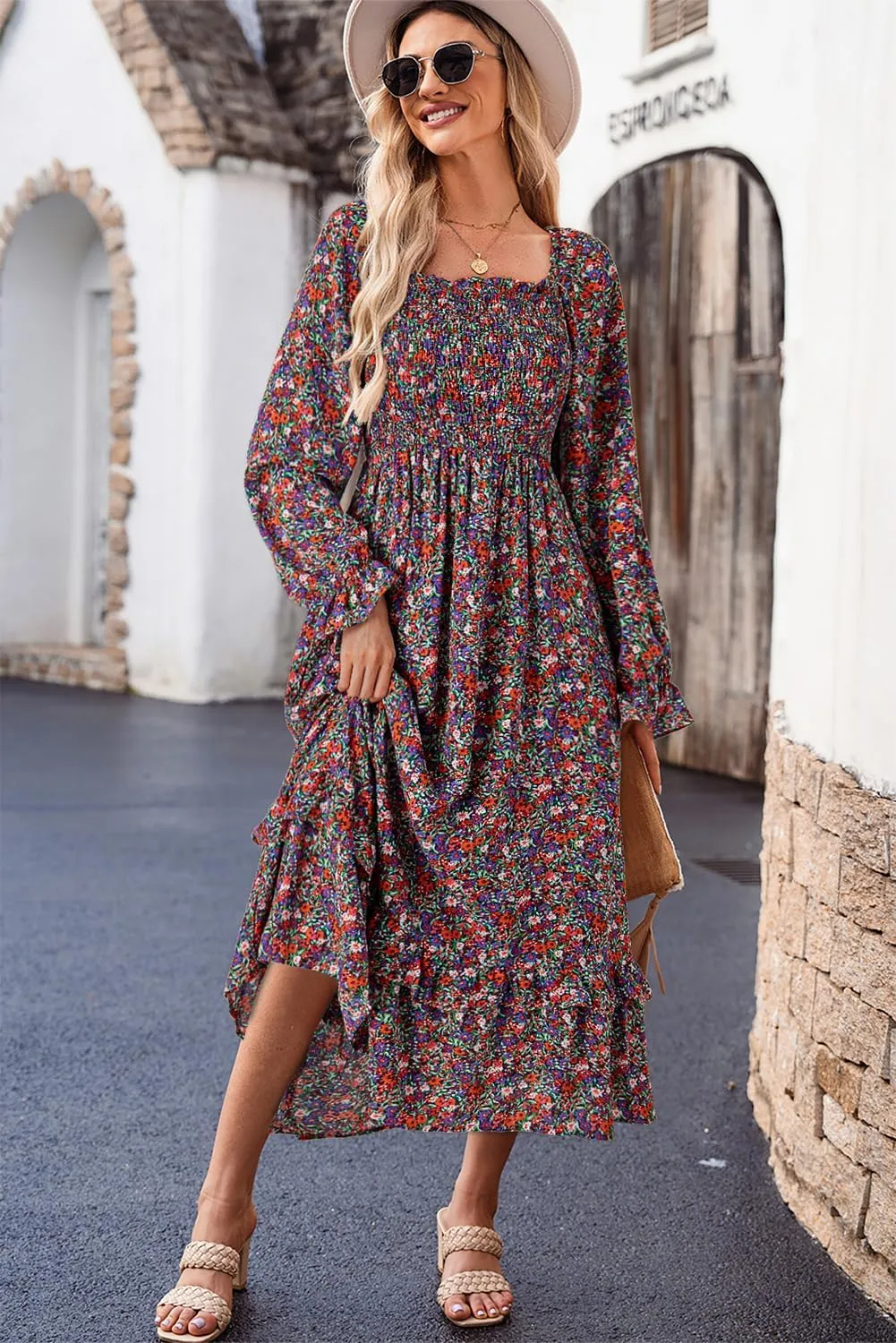 Dokotoo Spring Dresses for Women Casual Floral Square Neck Long Sleeve Smocked Elastic Waist Tiered Ruffle Hem Maxi Dress
