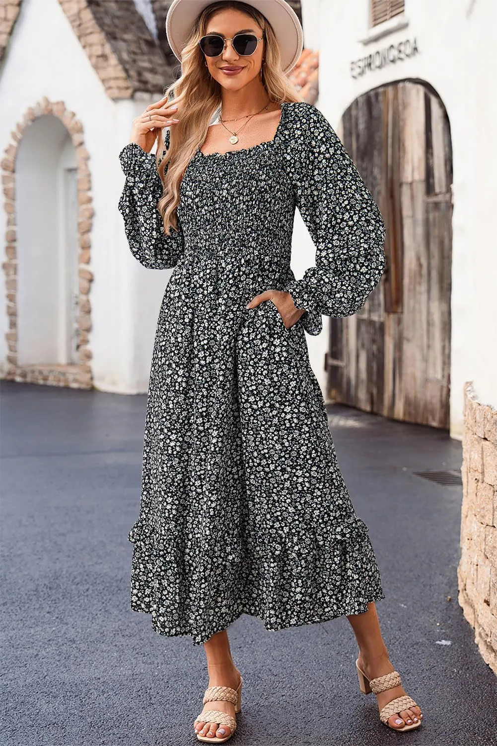 Dokotoo Spring Dresses for Women Casual Floral Square Neck Long Sleeve Smocked Elastic Waist Tiered Ruffle Hem Maxi Dress
