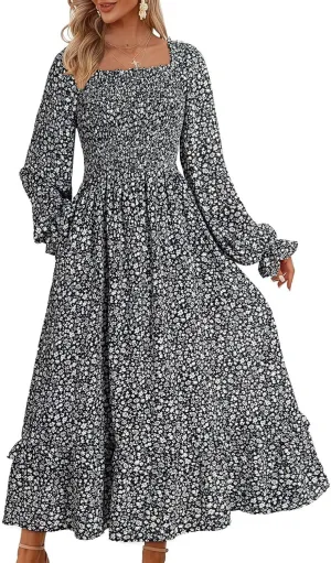Dokotoo Spring Dresses for Women Casual Floral Square Neck Long Sleeve Smocked Elastic Waist Tiered Ruffle Hem Maxi Dress