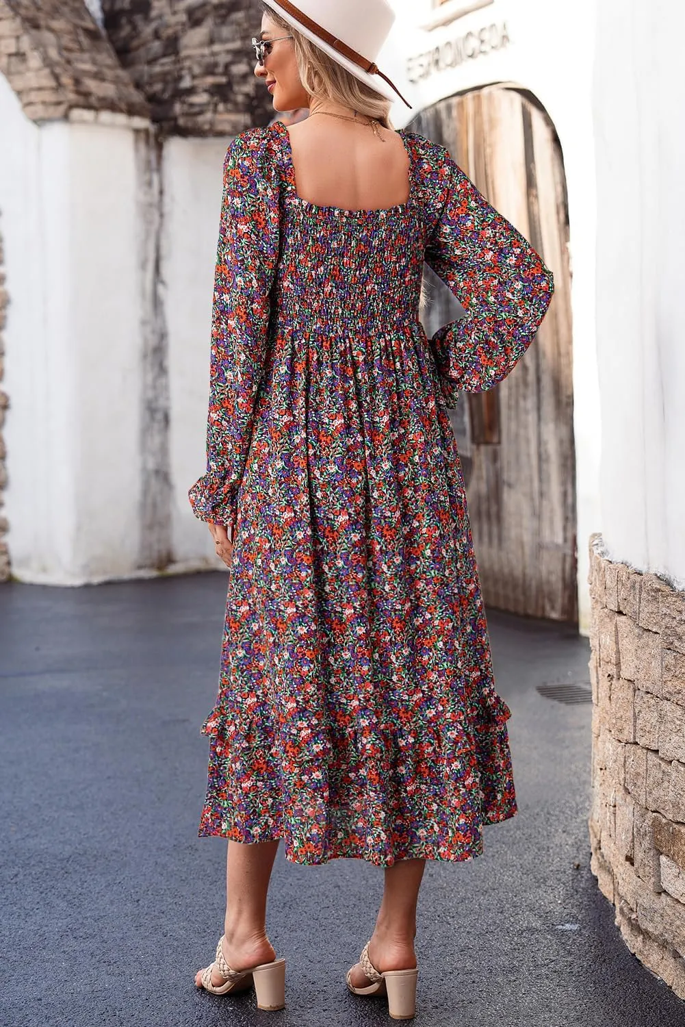 Dokotoo Spring Dresses for Women Casual Floral Square Neck Long Sleeve Smocked Elastic Waist Tiered Ruffle Hem Maxi Dress