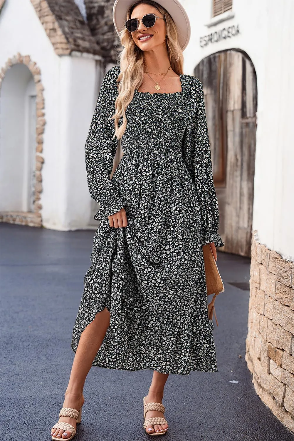 Dokotoo Spring Dresses for Women Casual Floral Square Neck Long Sleeve Smocked Elastic Waist Tiered Ruffle Hem Maxi Dress
