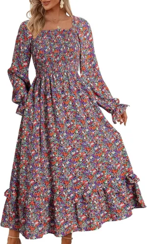 Dokotoo Spring Dresses for Women Casual Floral Square Neck Long Sleeve Smocked Elastic Waist Tiered Ruffle Hem Maxi Dress